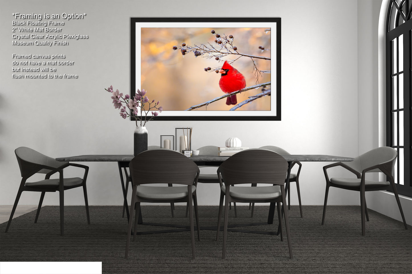 a picture of a cardinal sitting on a branch in a dining room