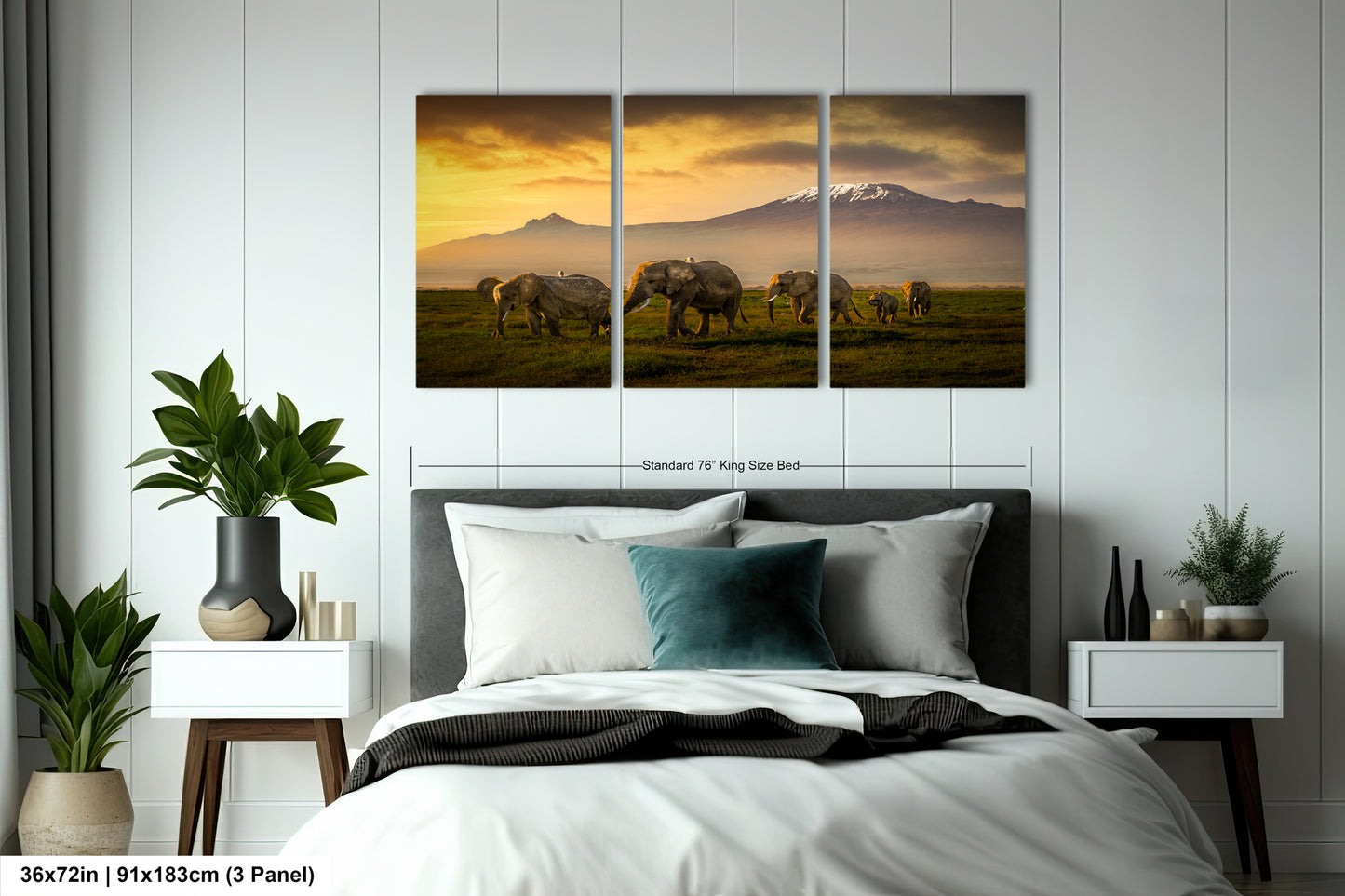 a bed room with a neatly made bed and a painting on the wall