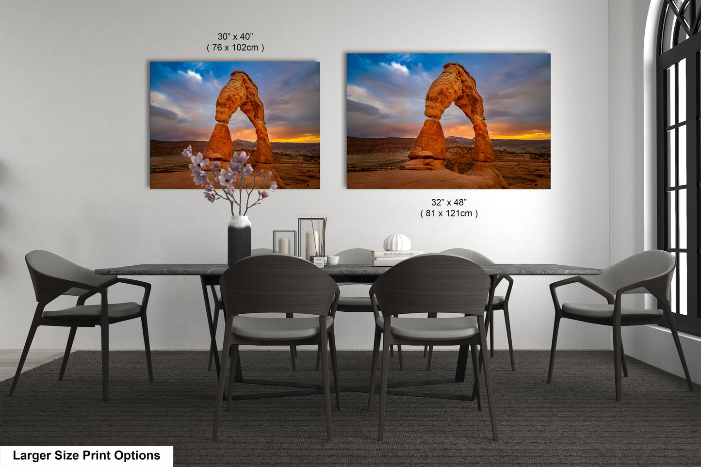 a dining room with a table and chairs
