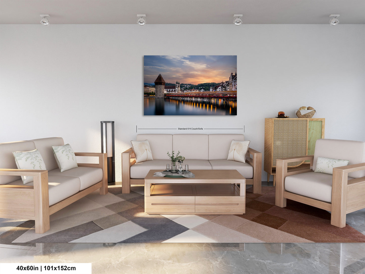 a living room filled with furniture and a painting on the wall