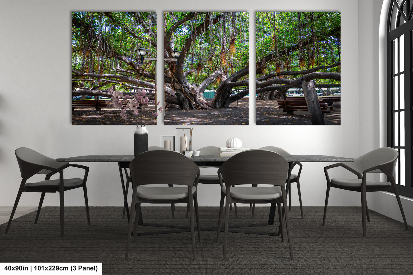 a dining room with a table and chairs