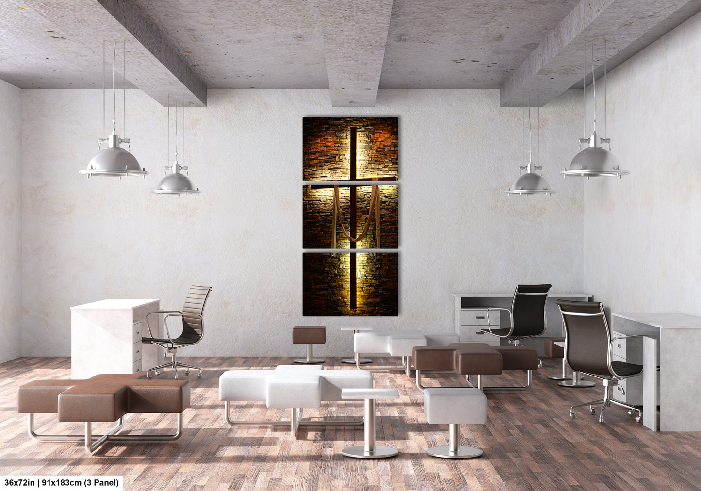 a room with chairs, desks and a painting on the wall