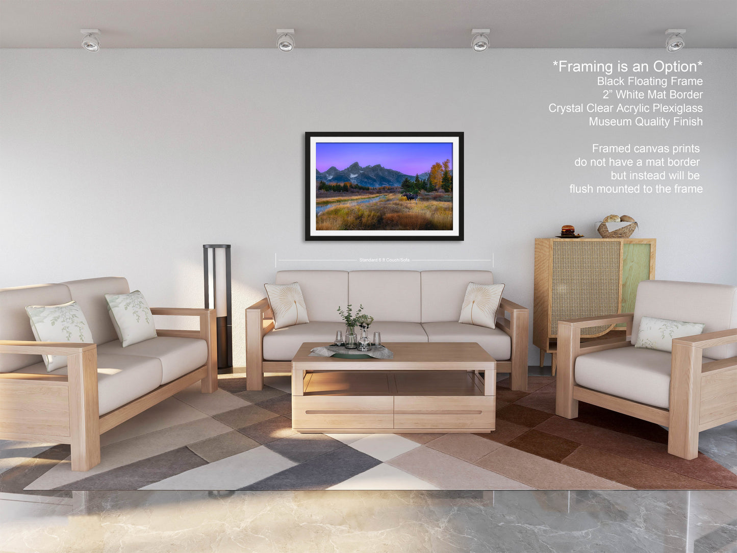 a living room filled with furniture and a painting on the wall
