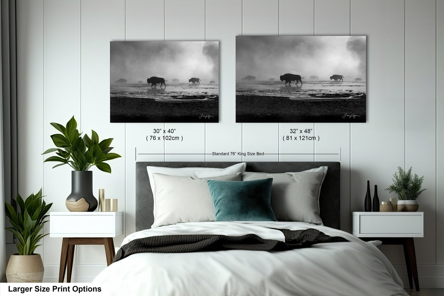 a bedroom with a bed and two pictures on the wall