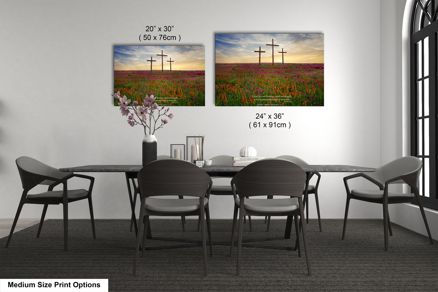 a dining room table with chairs and a vase of flowers