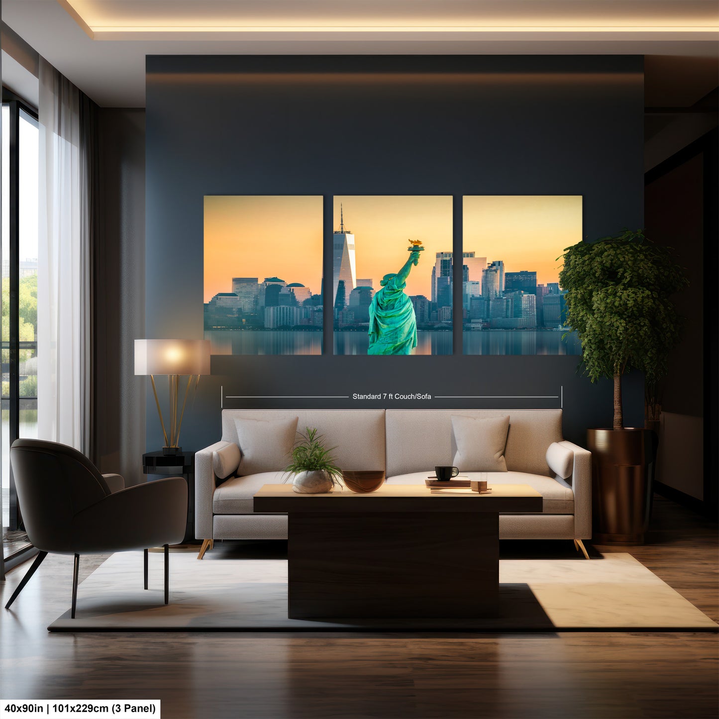 a living room filled with furniture and a painting of the statue of liberty