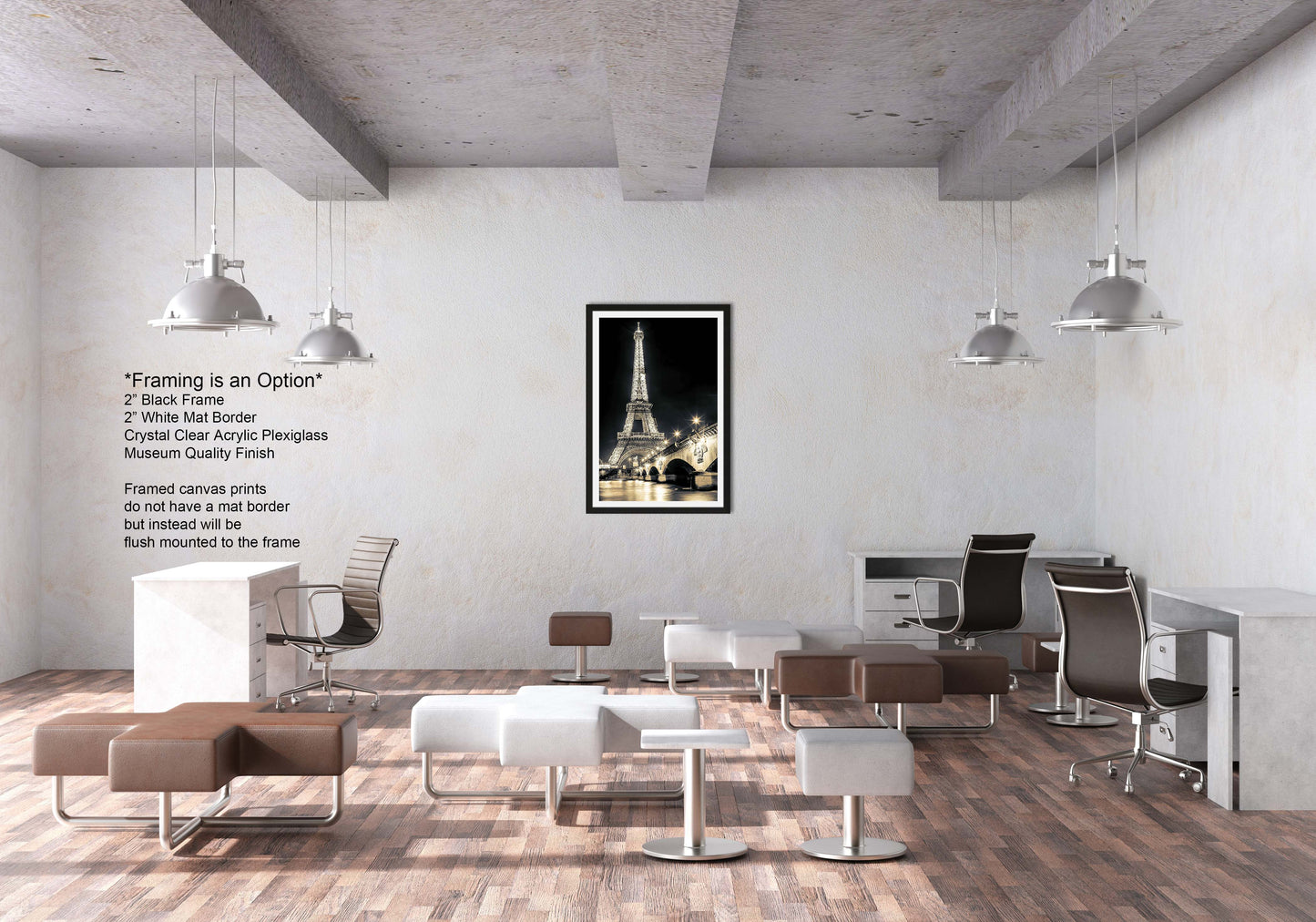 a room with chairs, a desk and a picture on the wall