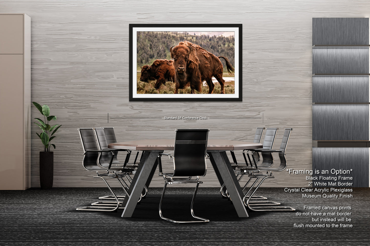 a dining room table with chairs and a picture of a bison