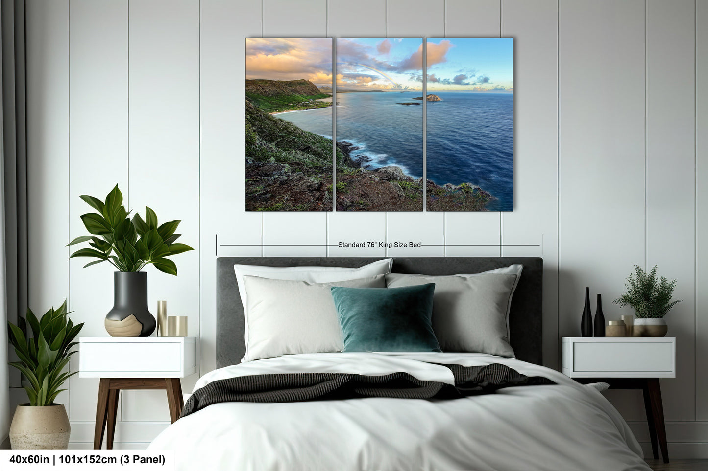 a bedroom with a large bed and a painting on the wall