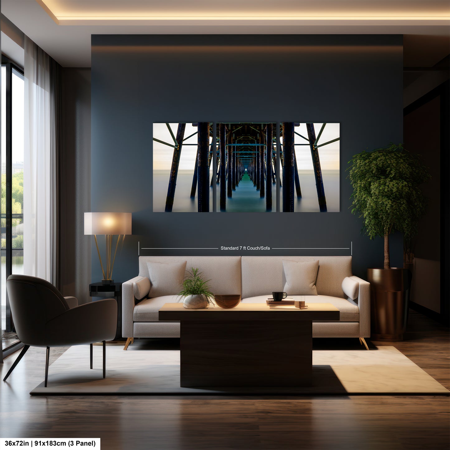 a living room with a couch a table and a painting on the wall