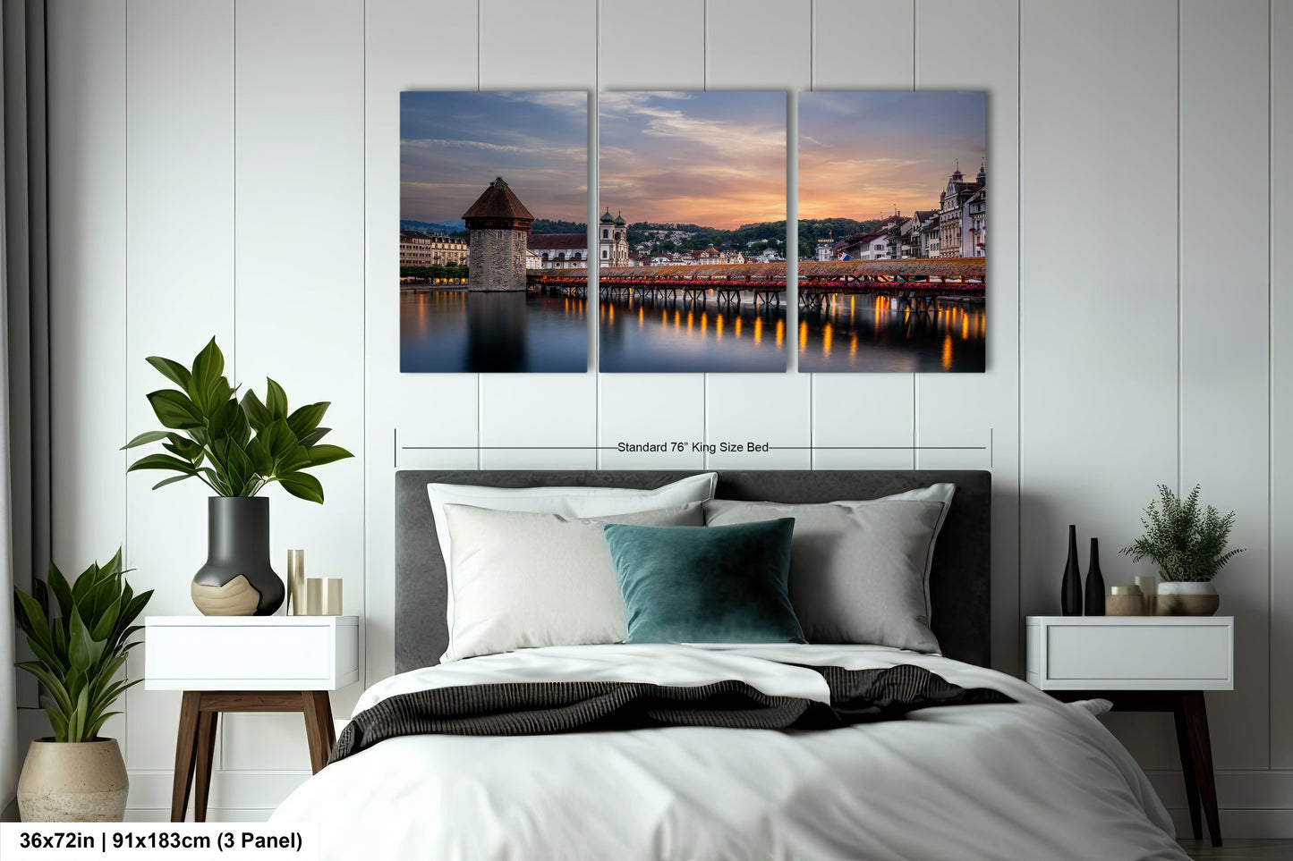 a bedroom scene with a bed and two paintings