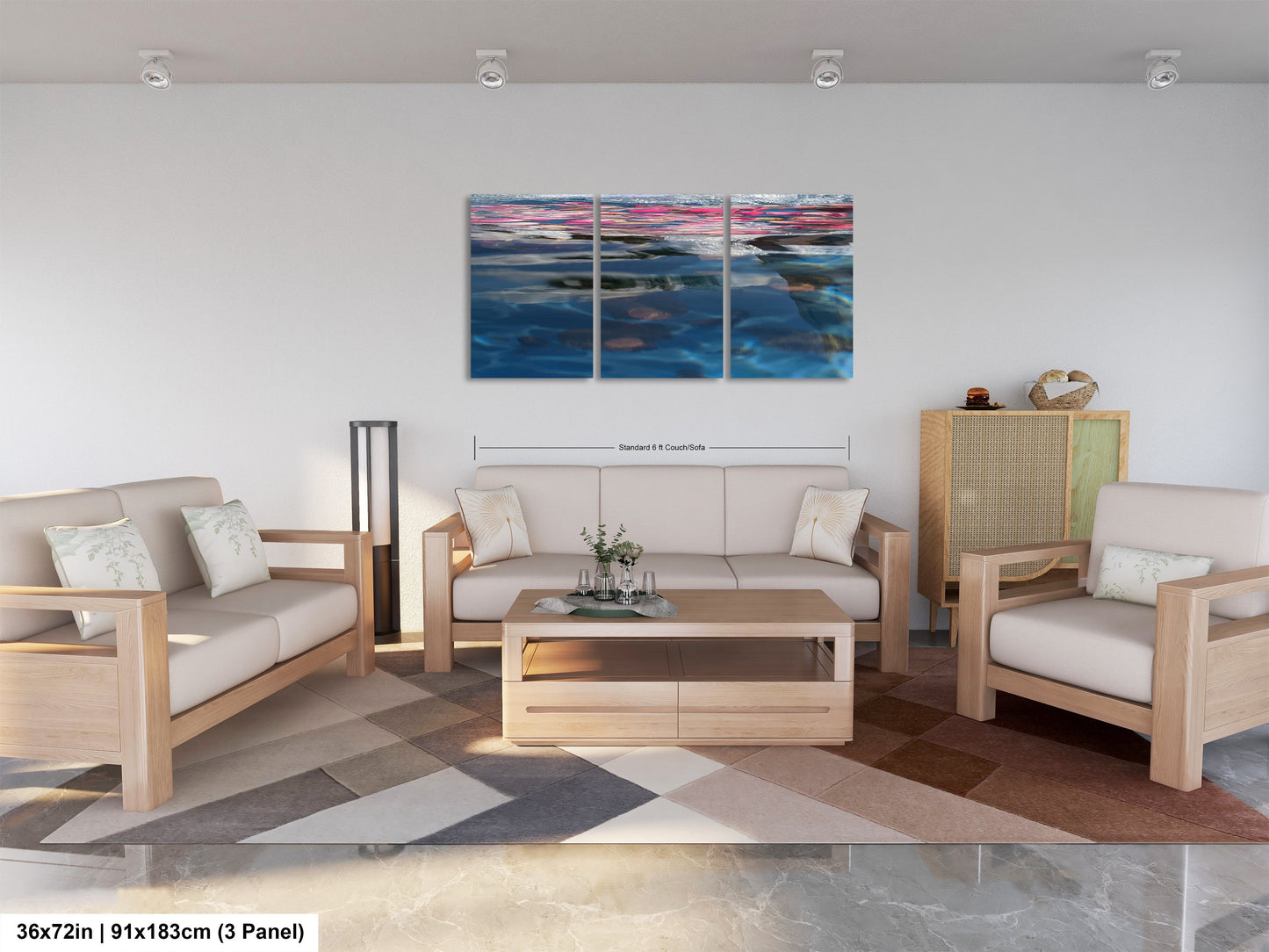 a living room filled with furniture and a painting on the wall