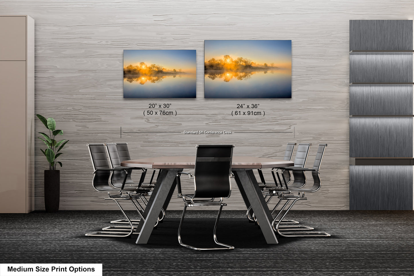 a dining room table with chairs and a picture of a lake