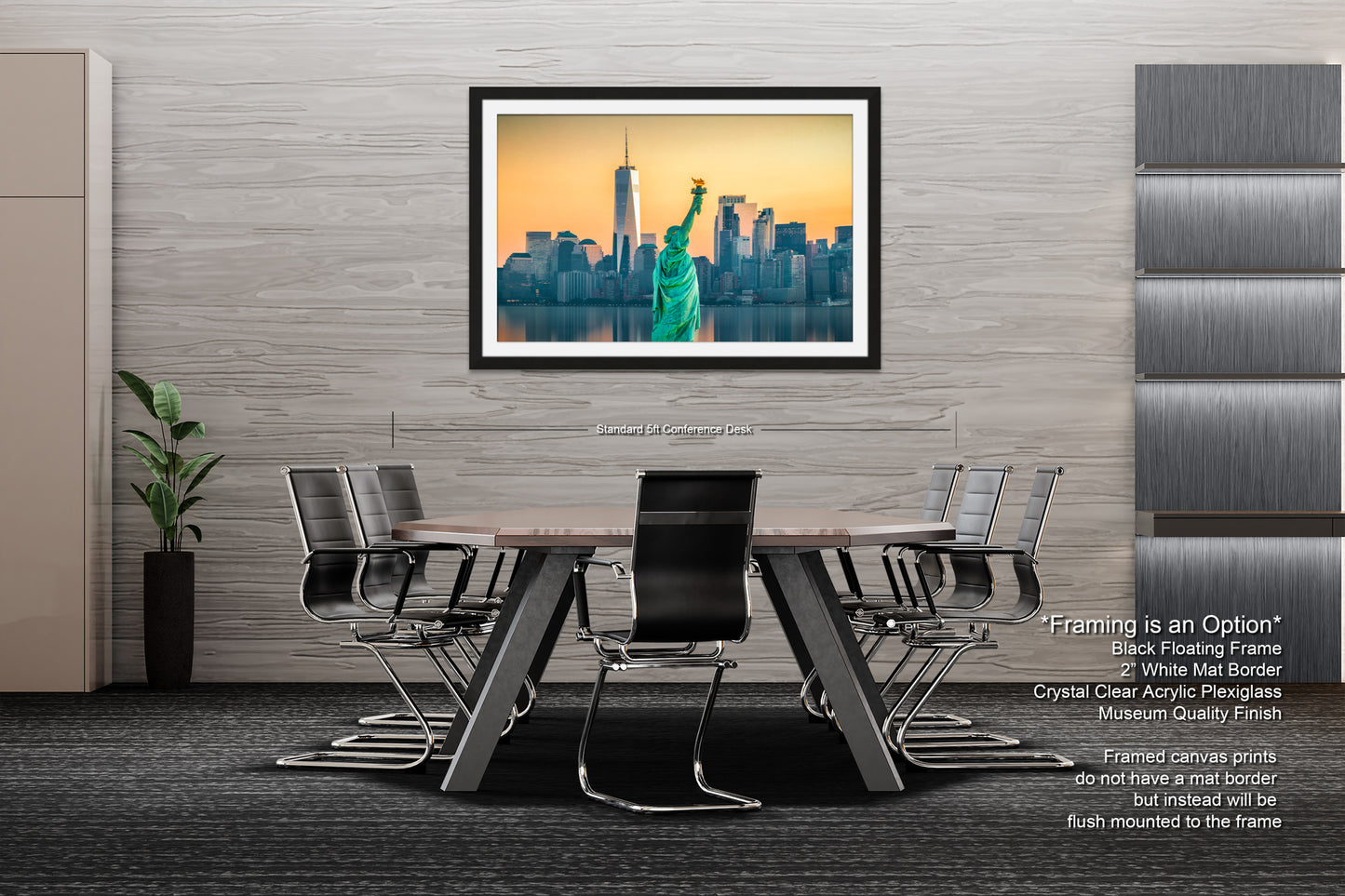 a dining room table with chairs and a picture of the statue of liberty