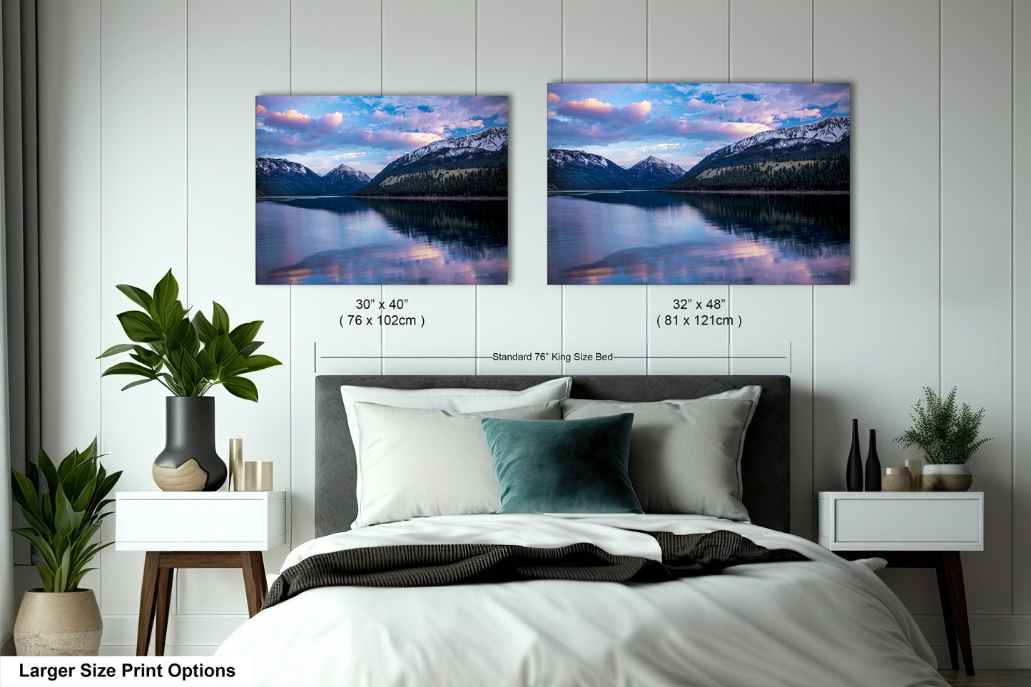 a bedroom with a bed and two pictures on the wall
