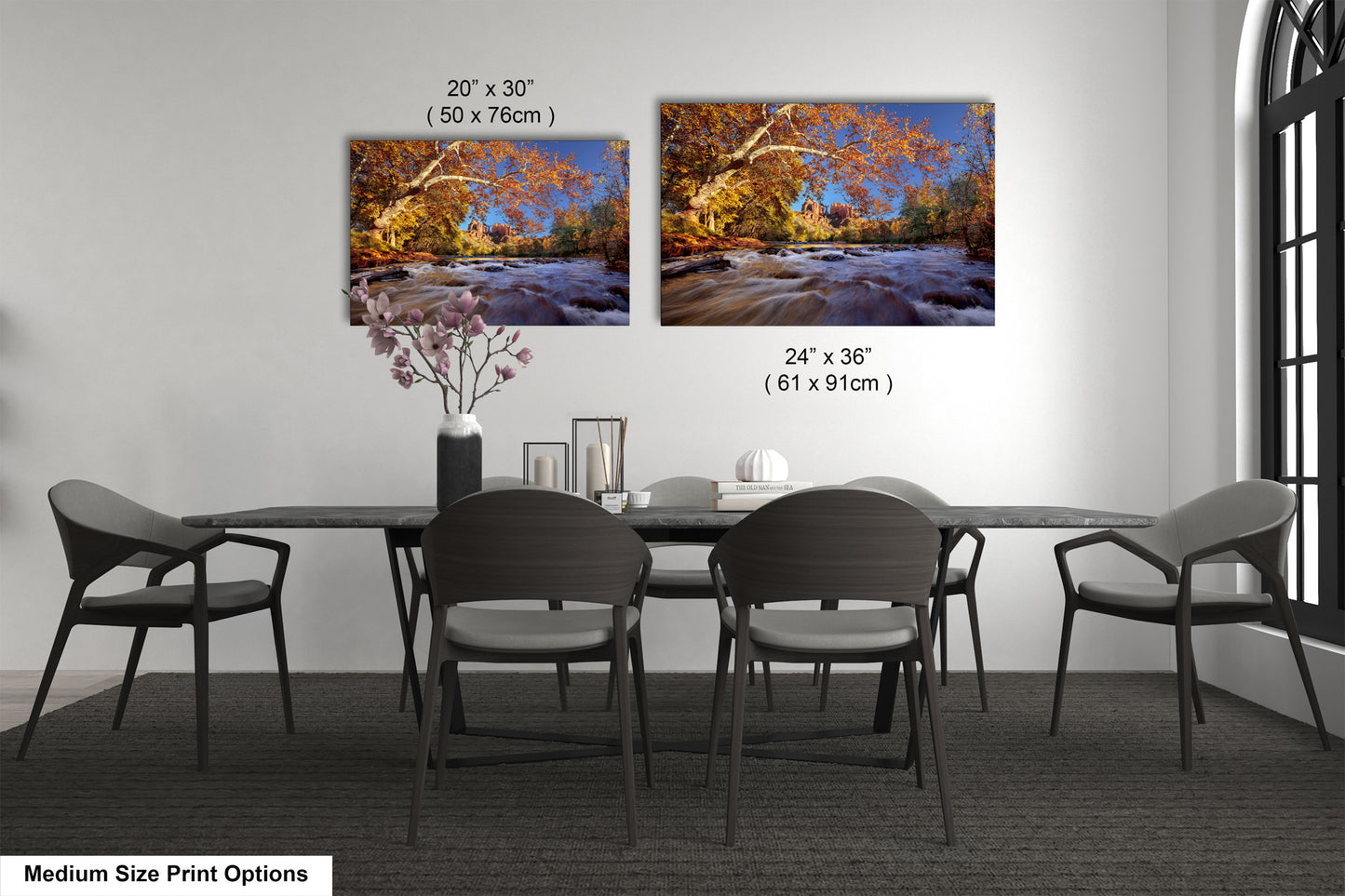 a dining room with a table and chairs
