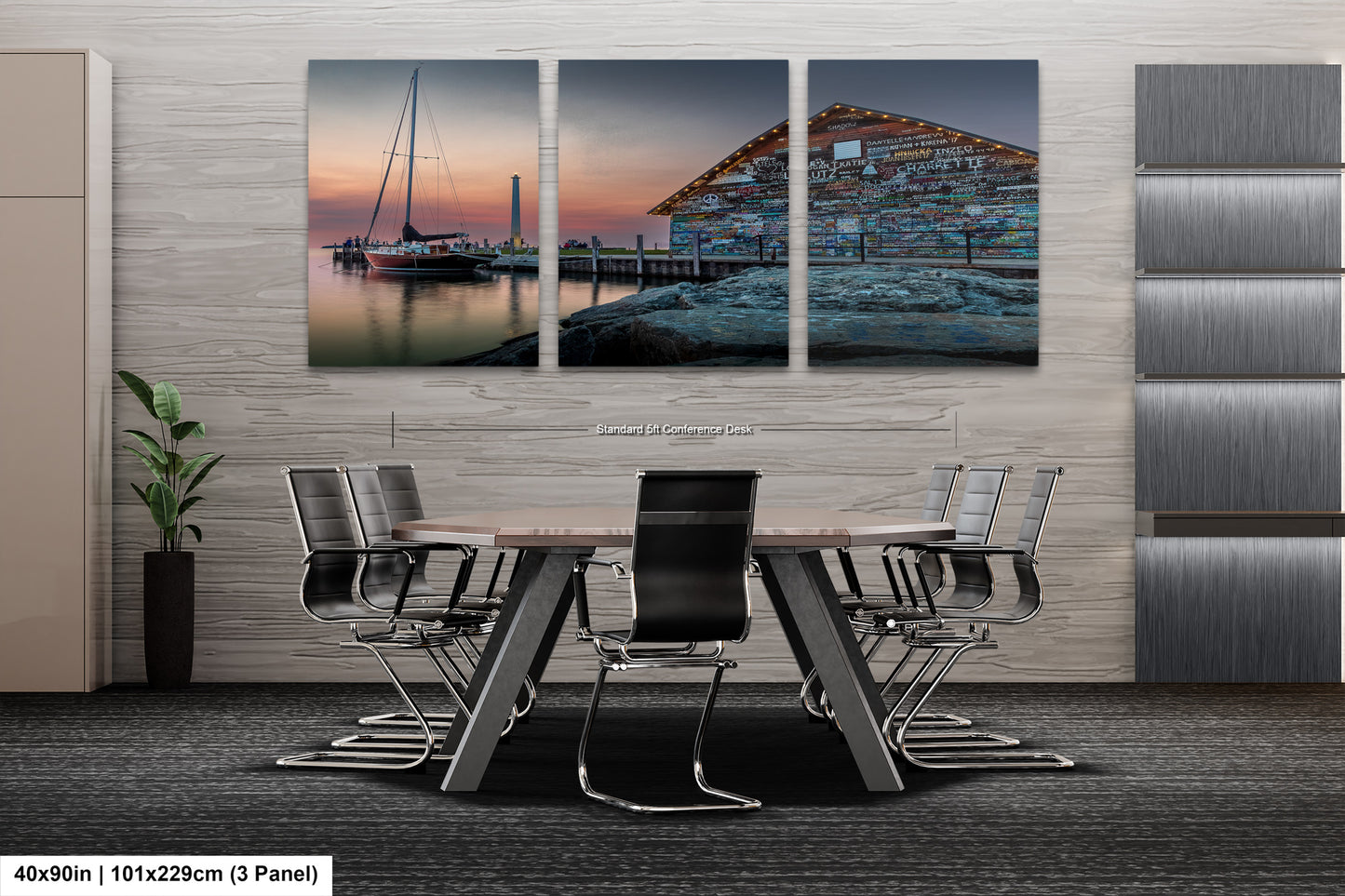 The image is a modern living room with a large, three-panel painting of a seascape hanging on the wall. The painting features a boat on the water and a building in the background, creating a serene and coastal atmosphere. The room is furnished with a sofa, two armchairs, and a coffee table, providing a comfortable and inviting space for relaxation and socializing.