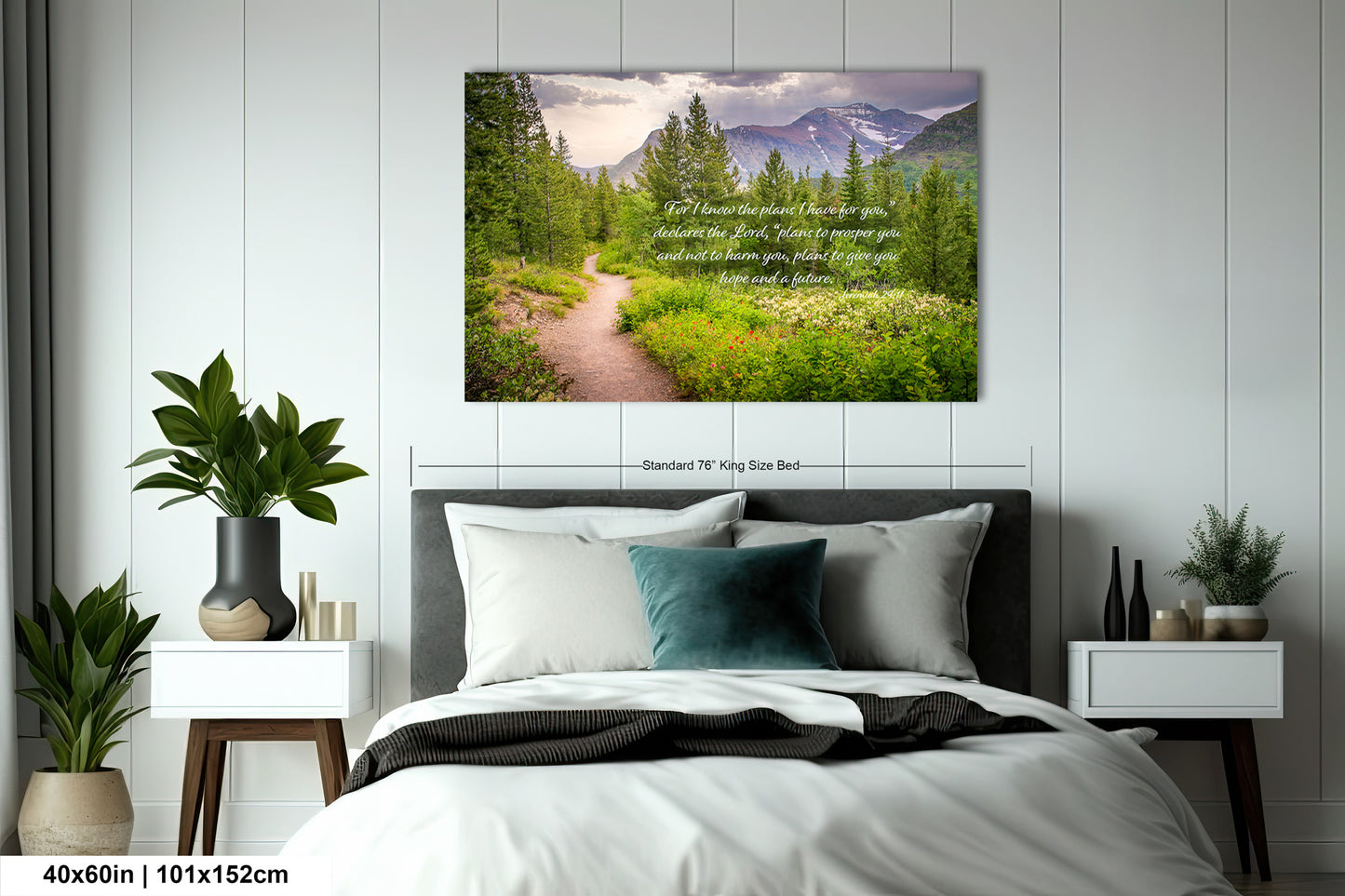 a bedroom scene with a bed and a picture on the wall