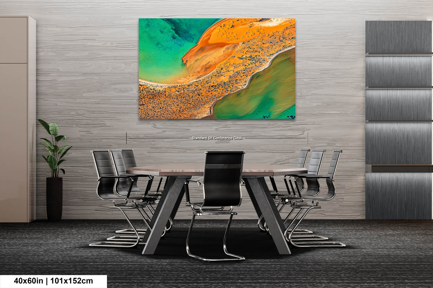a dining room table with chairs and a painting on the wall