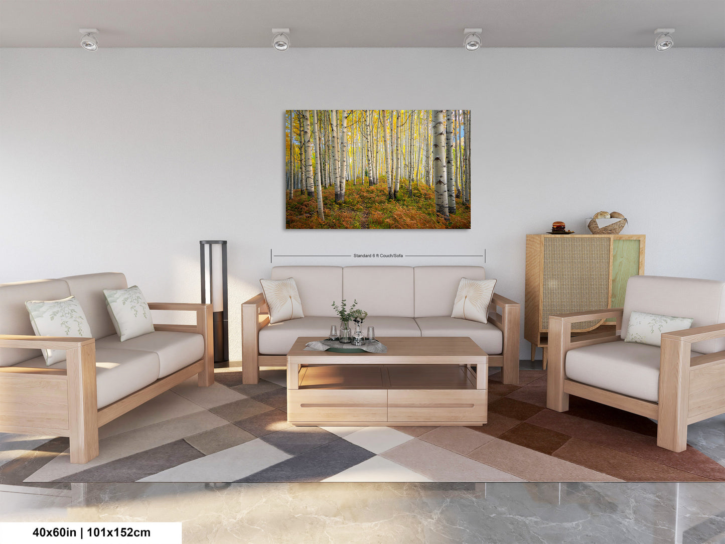 a living room filled with furniture and a painting on the wall