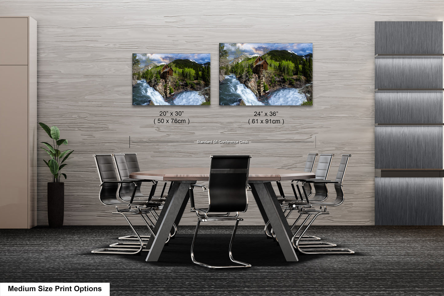 a dining room table with chairs next to a waterfall