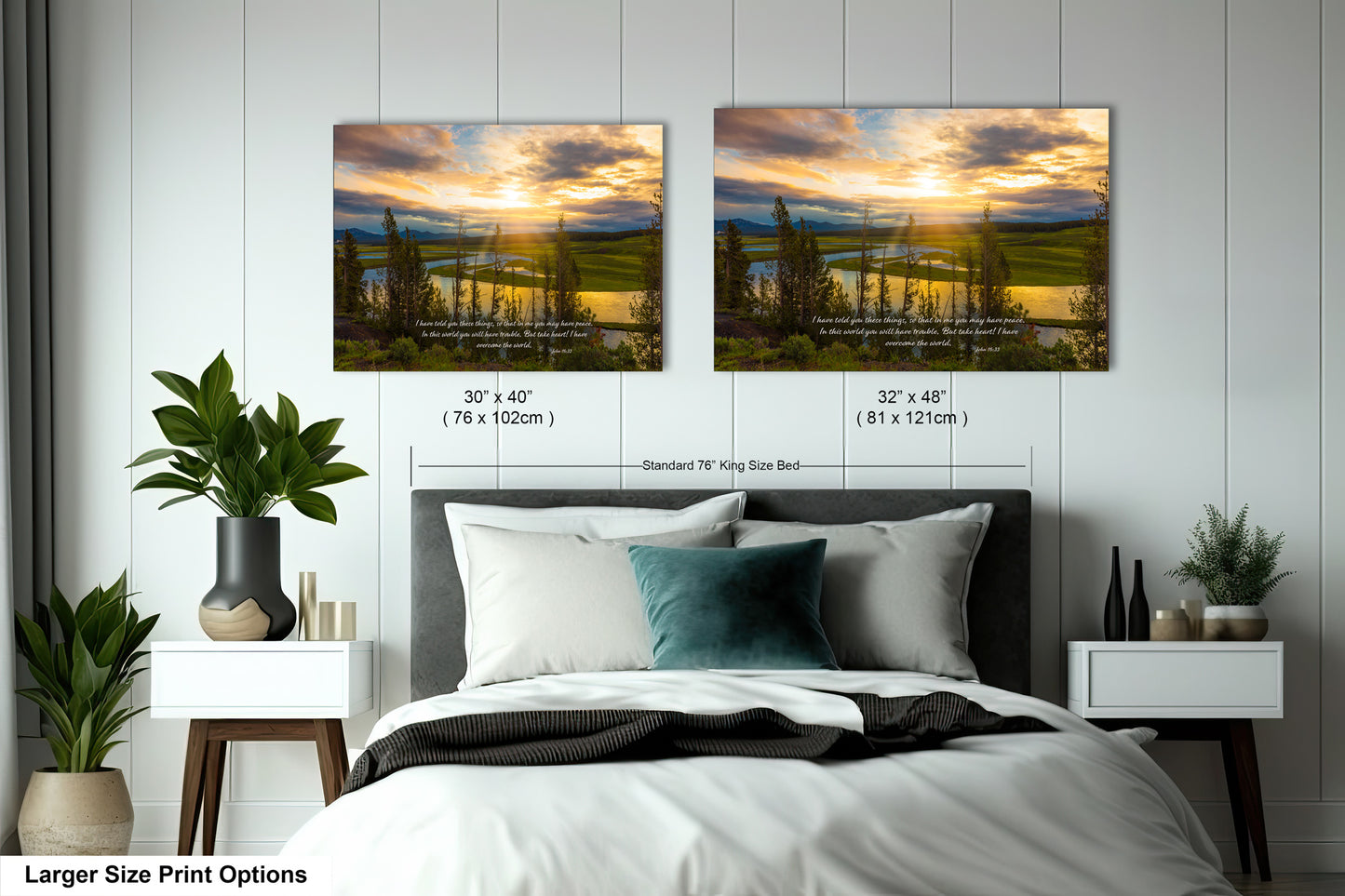 a bedroom with a bed and two pictures on the wall