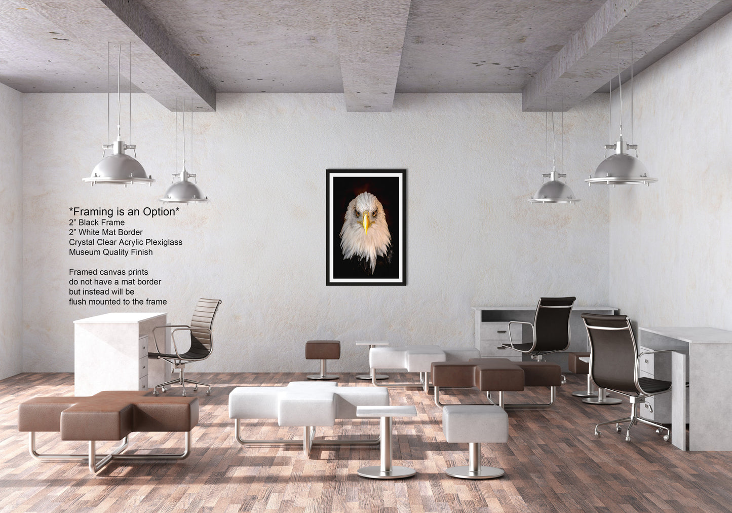 a room with a lot of chairs and a picture on the wall