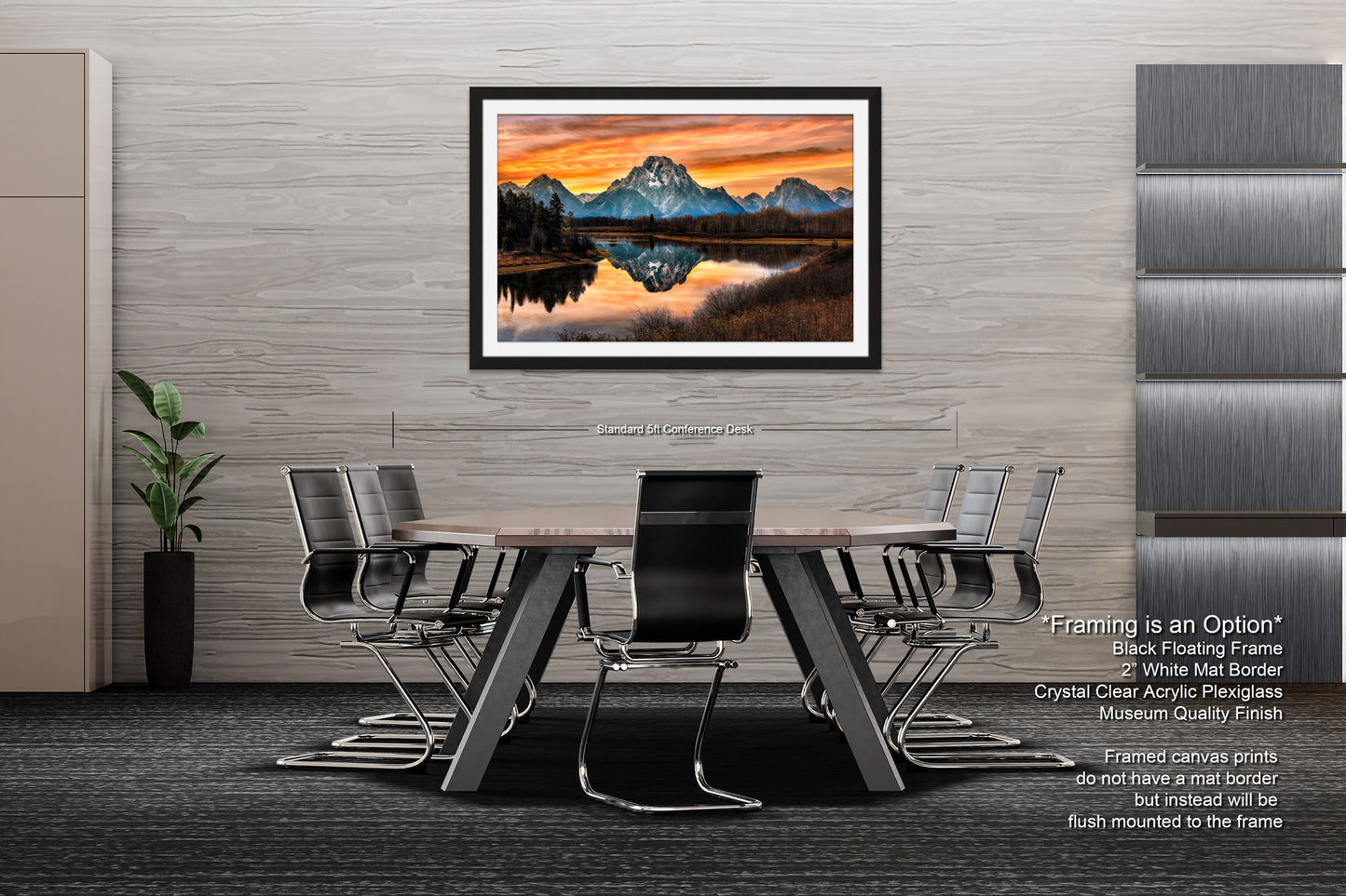 a dining room table with chairs and a painting on the wall