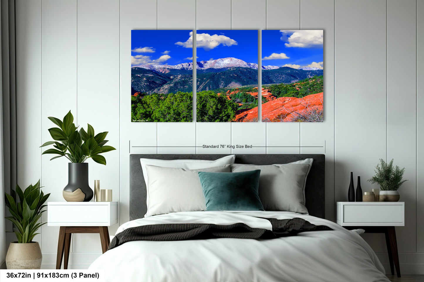 a bedroom scene with a bed and two paintings on the wall