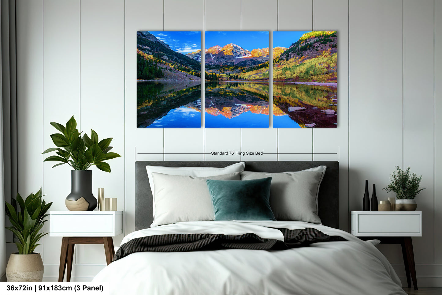 a bedroom with a bed and a painting on the wall