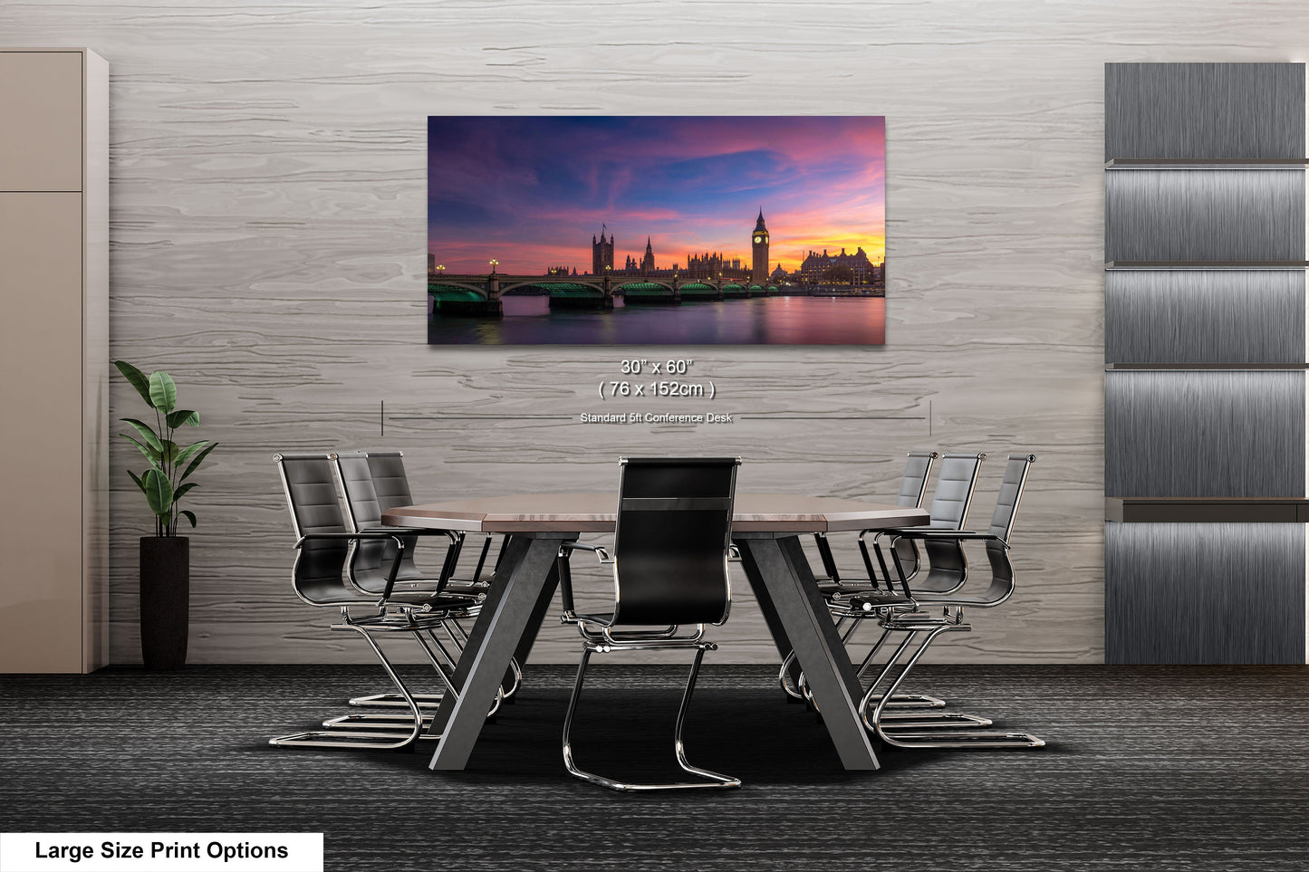 a dining room table with a view of a city