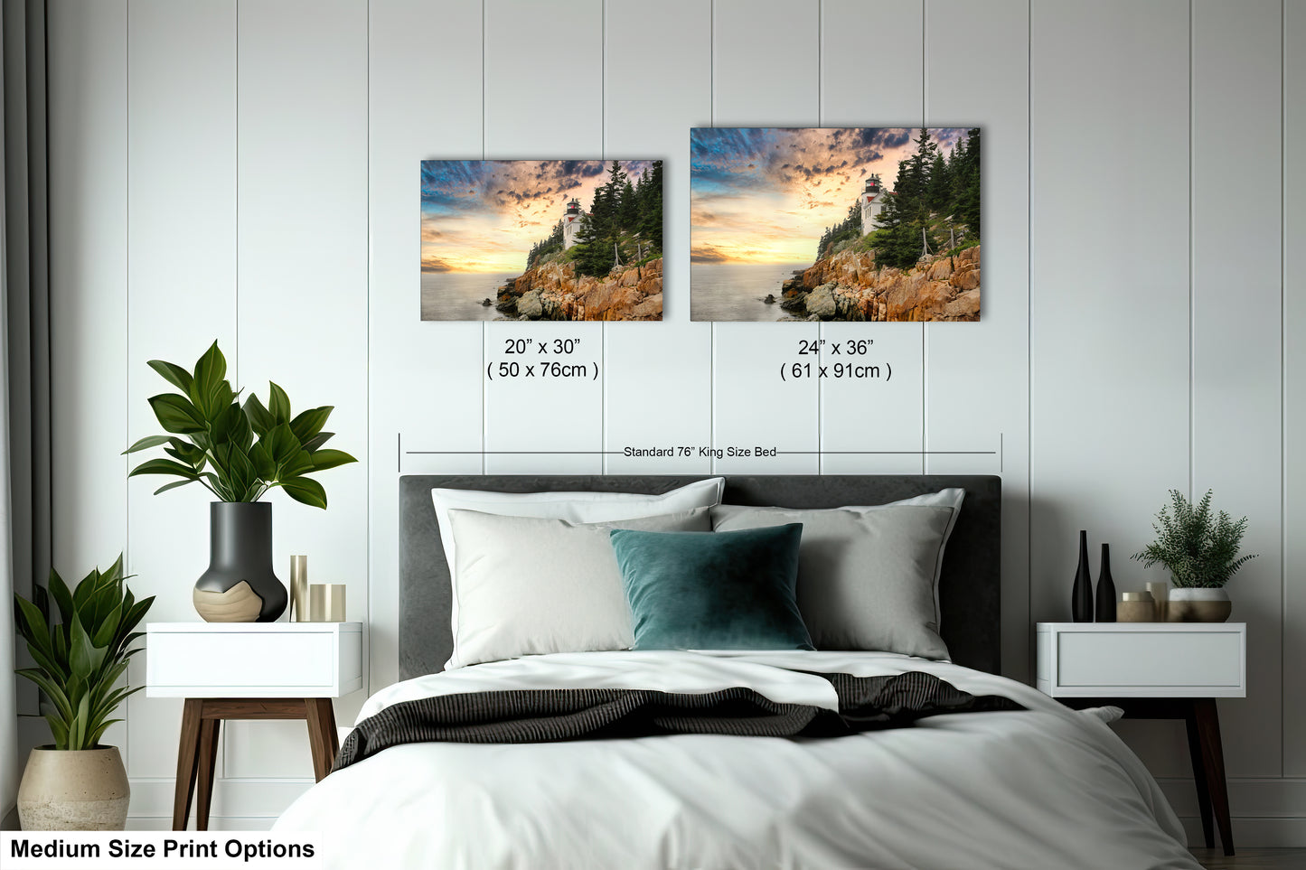 a bed room with a neatly made bed and two pictures on the wall