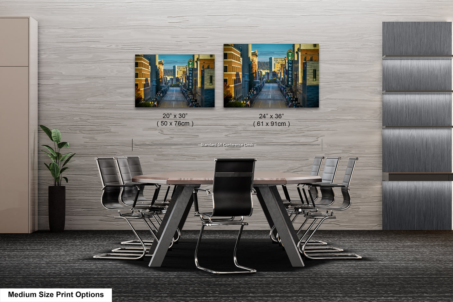 a dining room table with chairs and two pictures on the wall