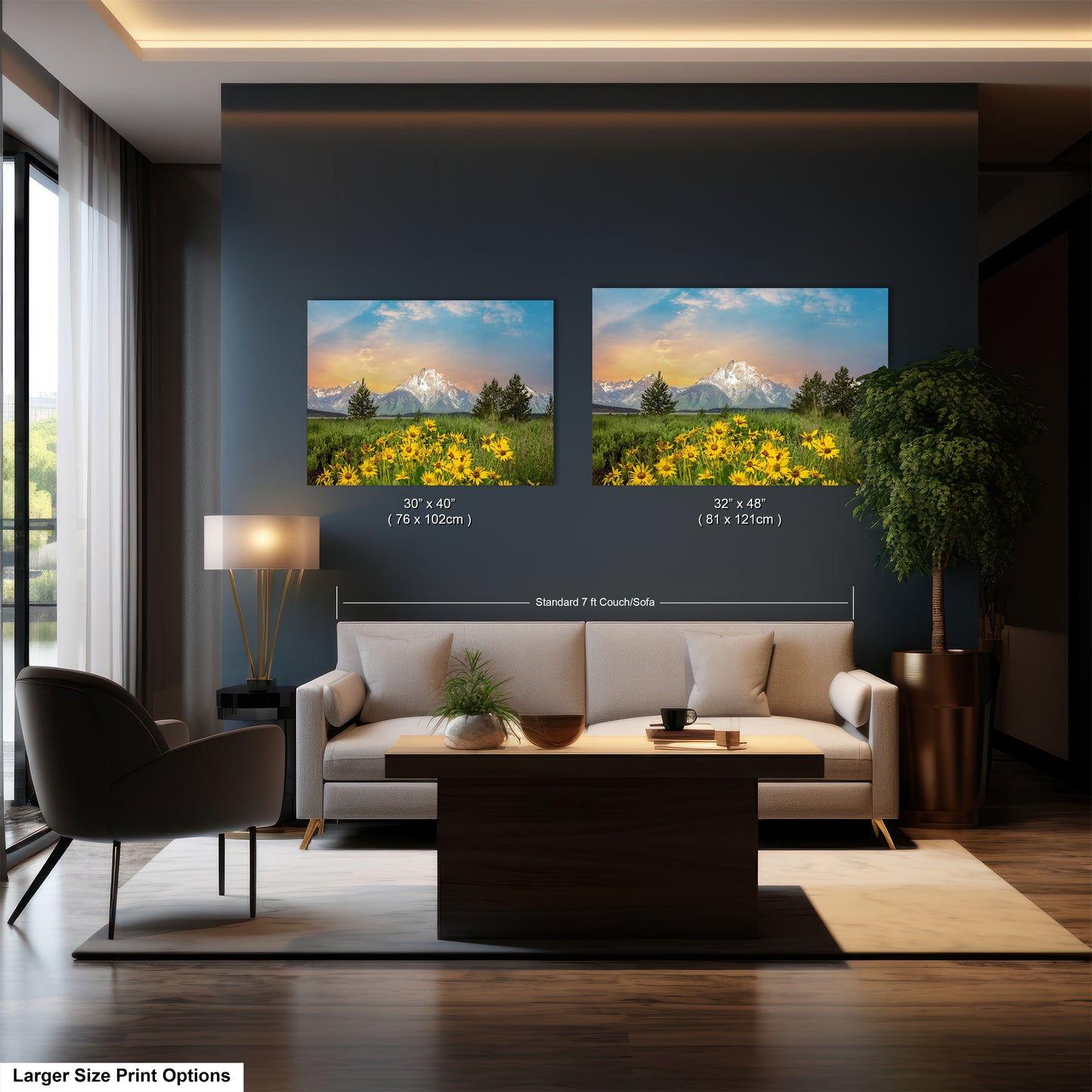 a living room filled with furniture and a painting on the wall