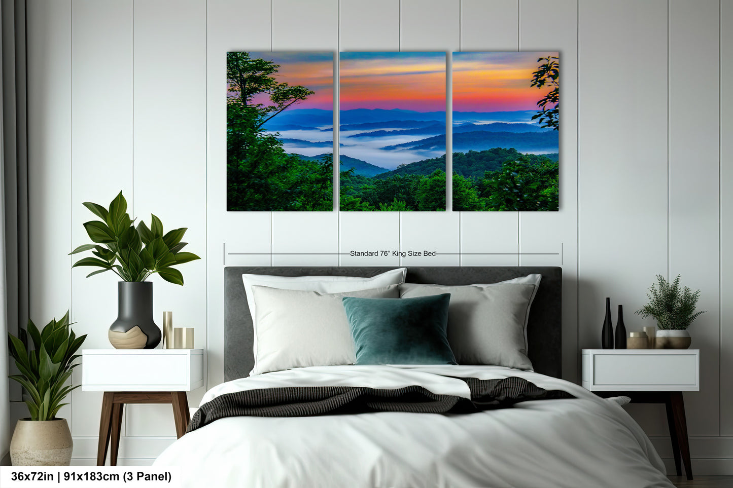 a bedroom scene with a bed and two paintings on the wall