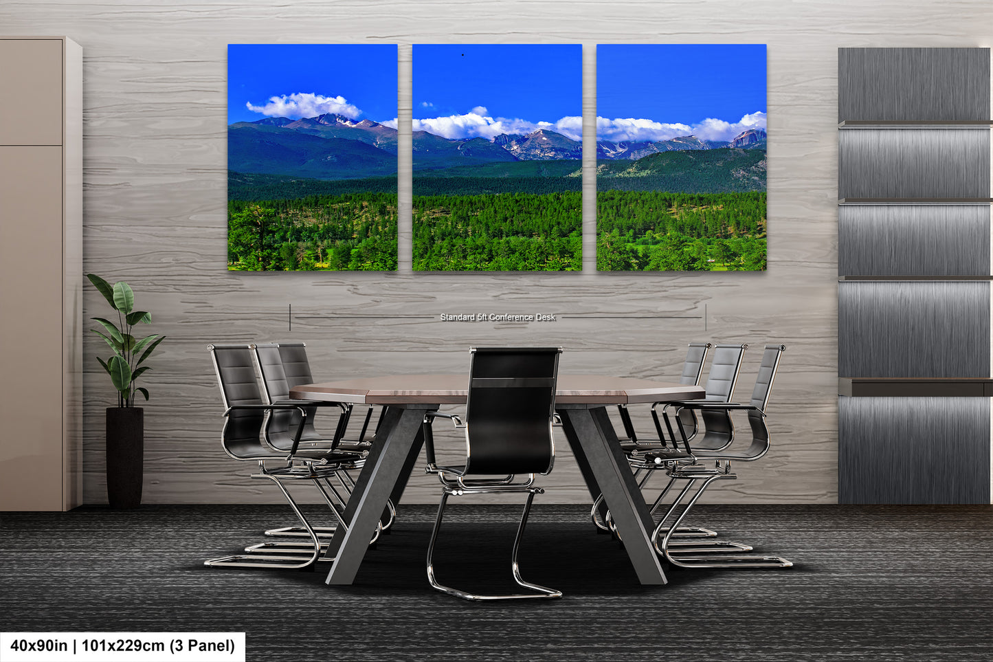 a dining room with a table and chairs with mountains in the background
