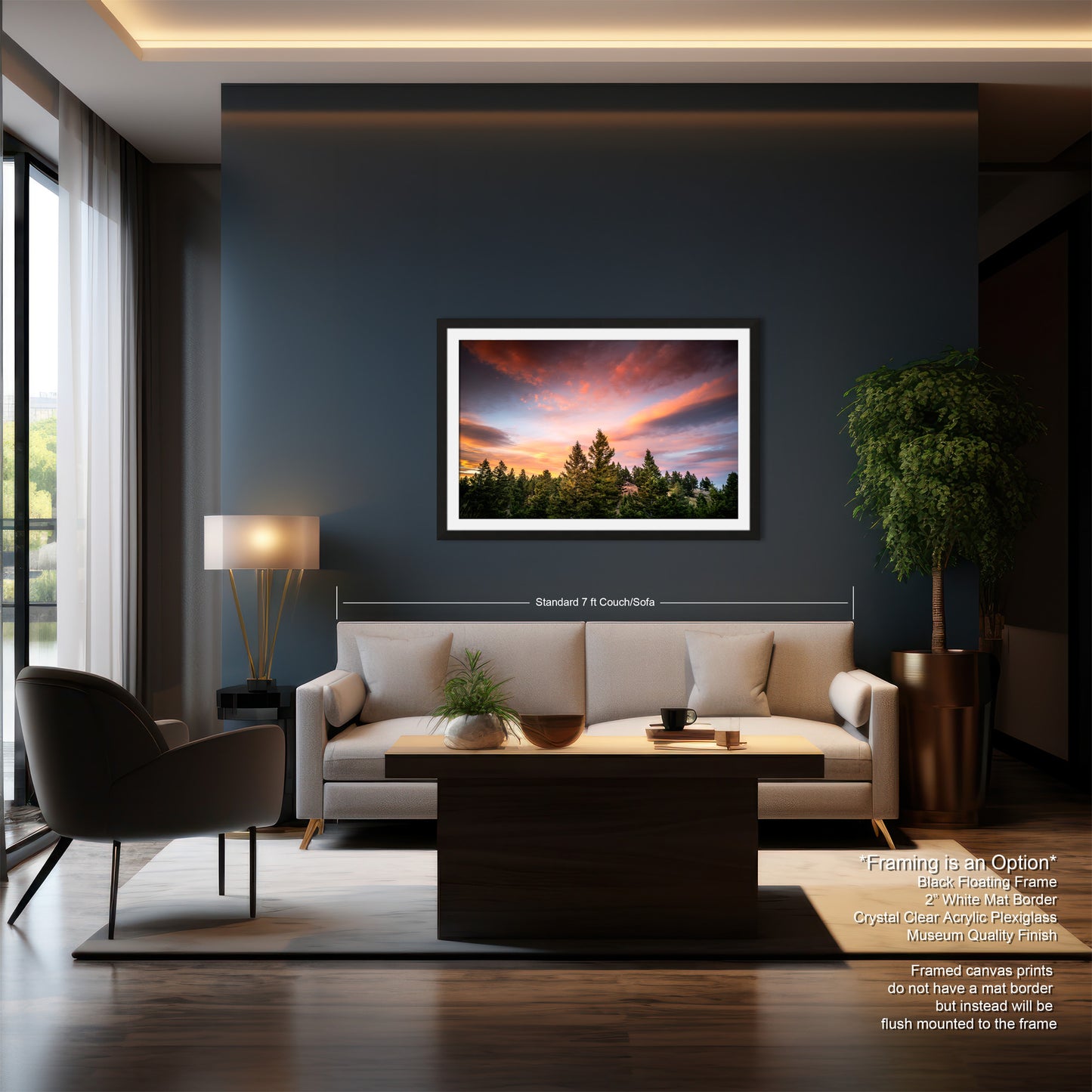 a living room with a couch a table and a painting on the wall