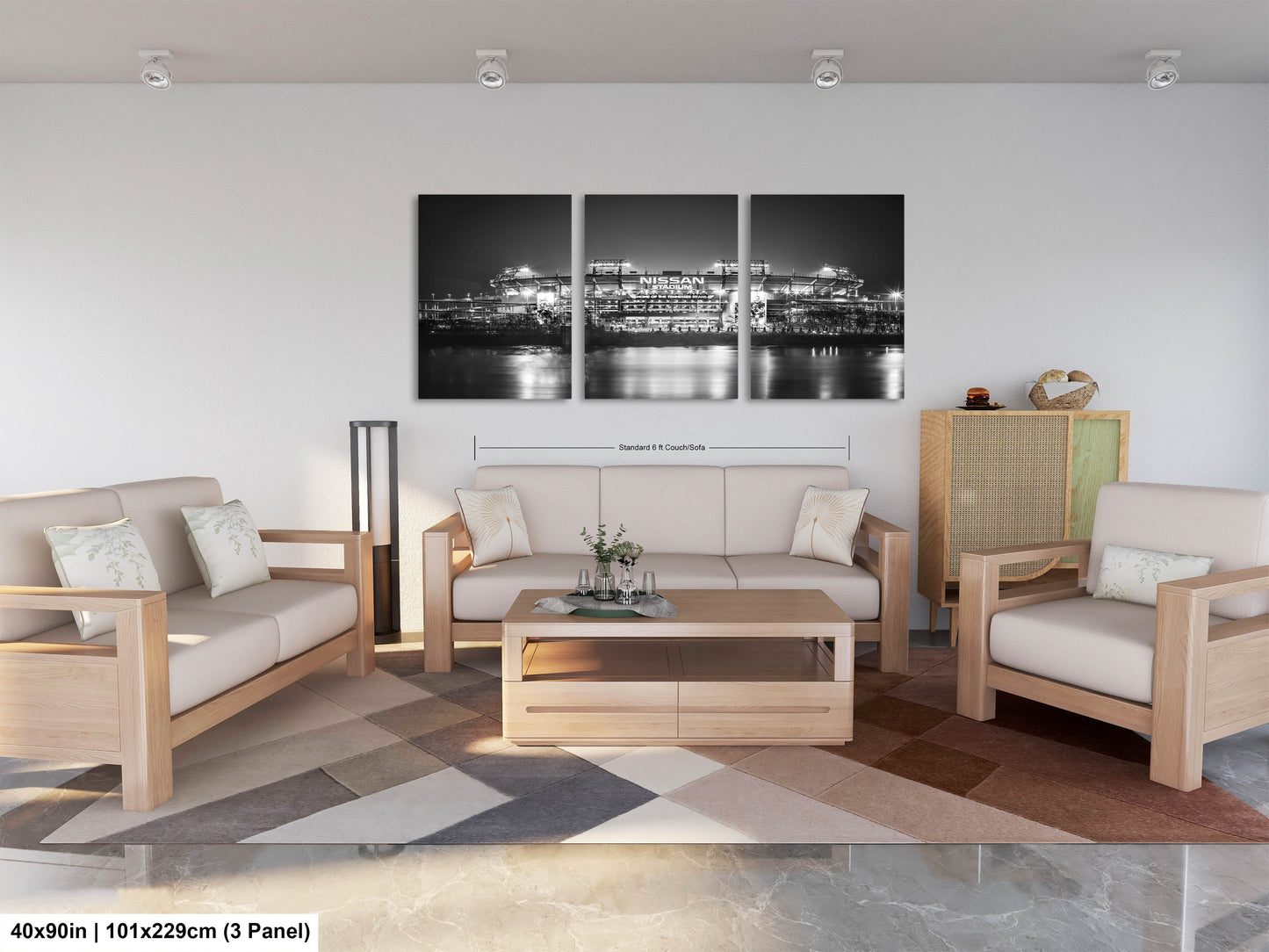 a living room filled with furniture and a painting on the wall