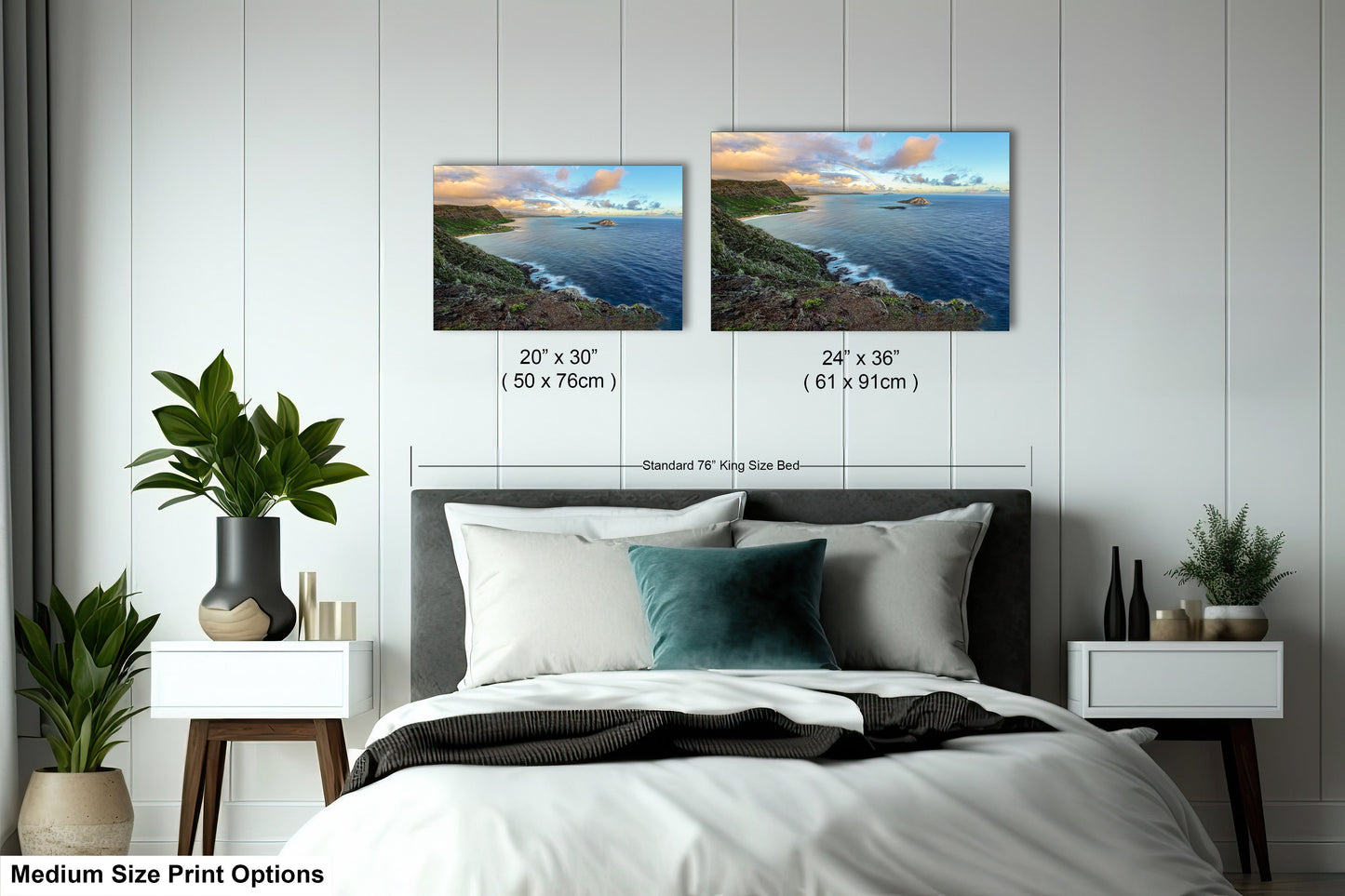 a bedroom with a bed and two pictures on the wall