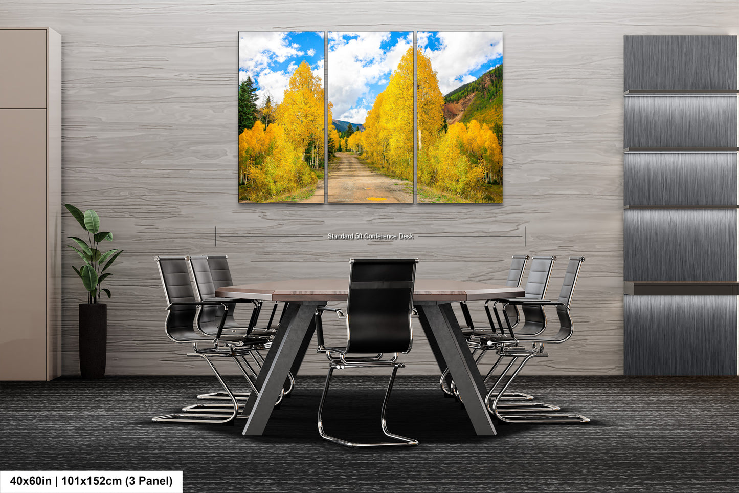 a dining room table with chairs and a painting on the wall