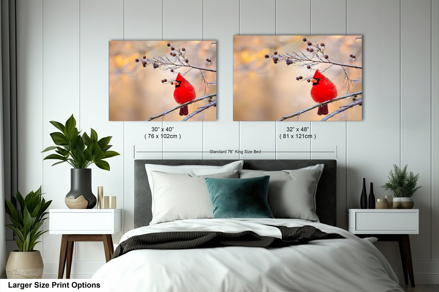 a bed with two pictures of a cardinal on it