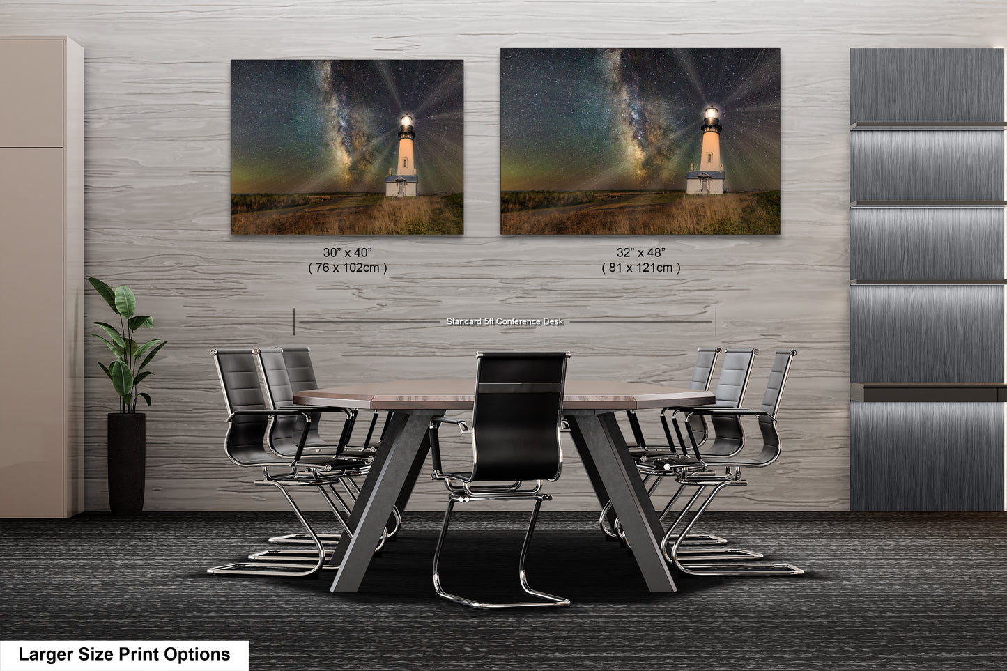 a dining room table with chairs and a picture of a lighthouse