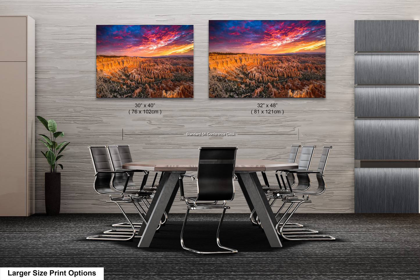 a dining room table with chairs and two pictures on the wall