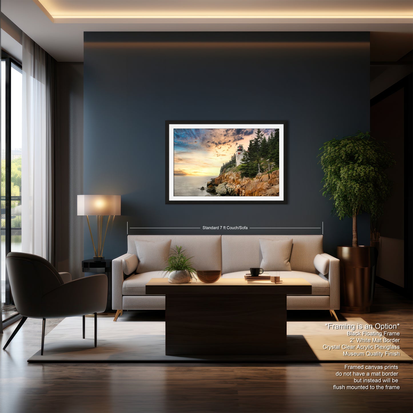 a living room with a couch a chair and a painting on the wall