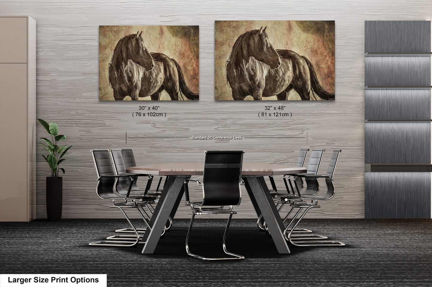 a dining room table with chairs and a painting of a horse on the wall