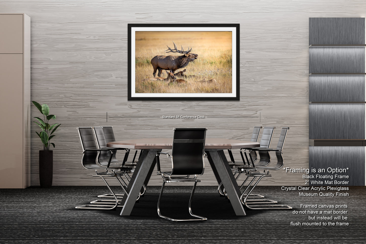 a dining room table with chairs and a picture of a moose