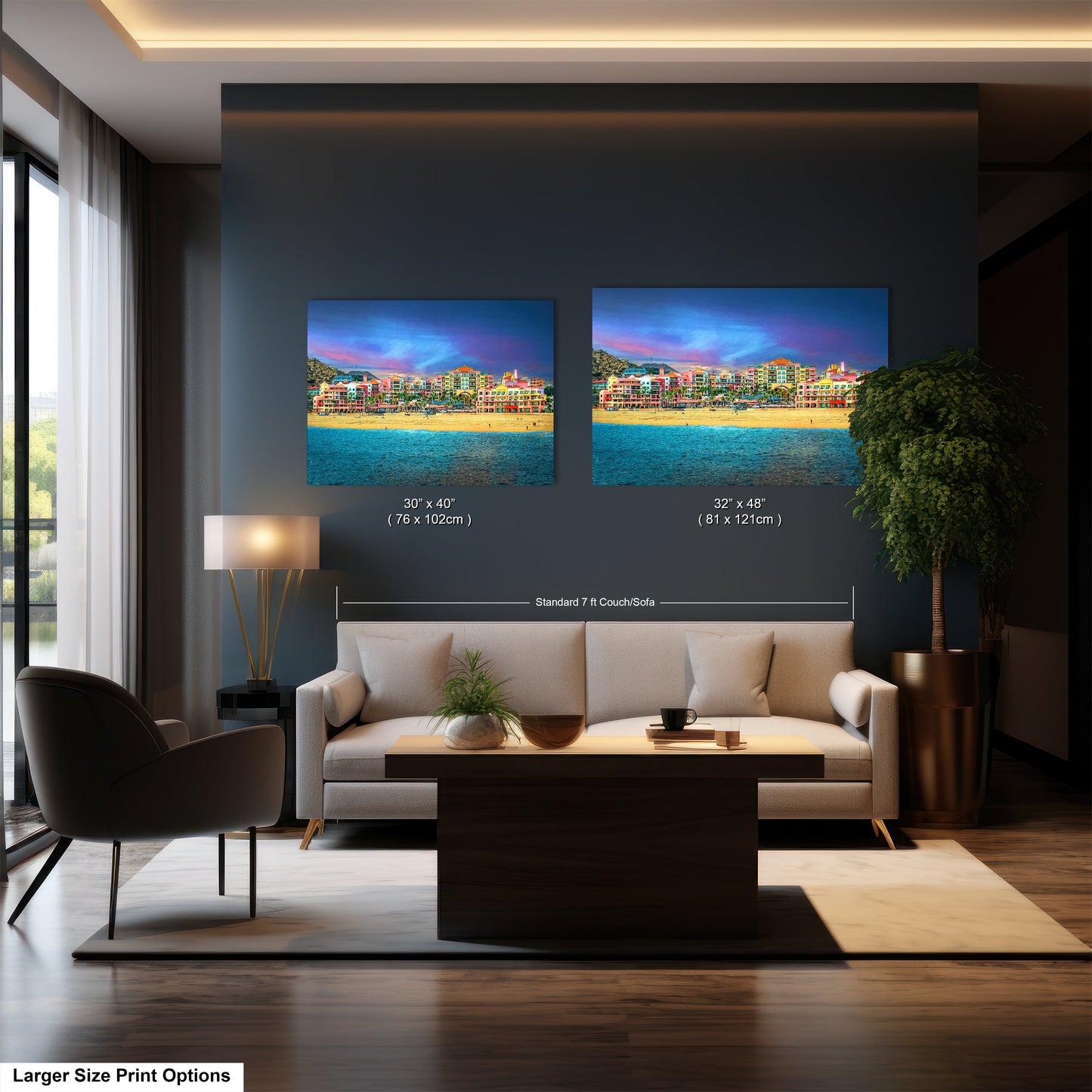 a living room filled with furniture and a painting on the wall