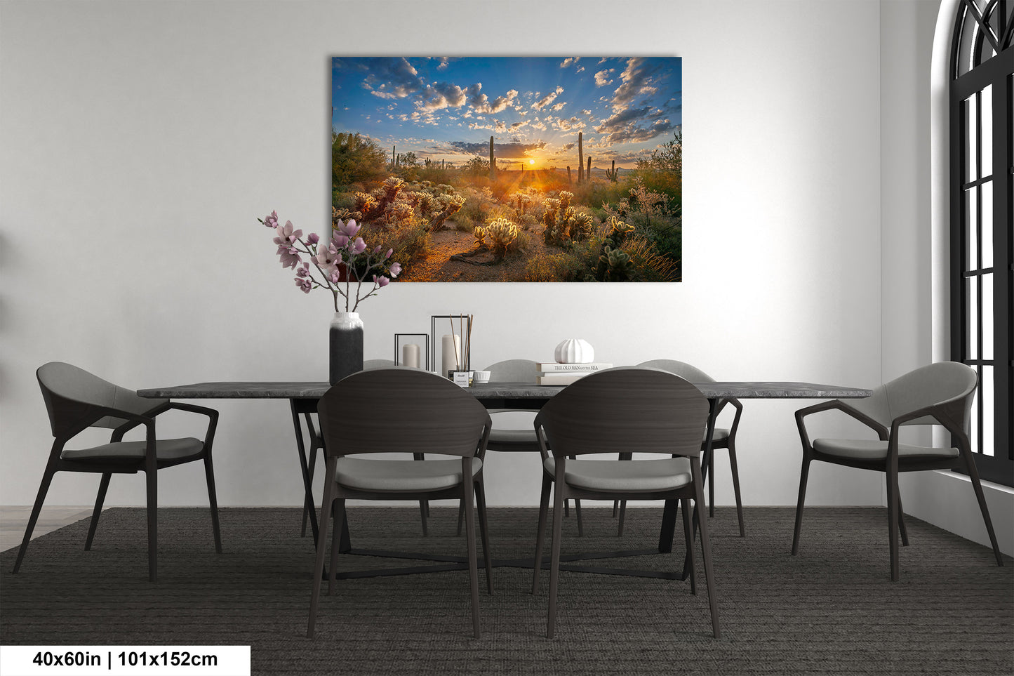 Sonoran Desert Sunrise, Carefree Arizona, backlit saguaro cactus and cholla cactus, Photography wall art