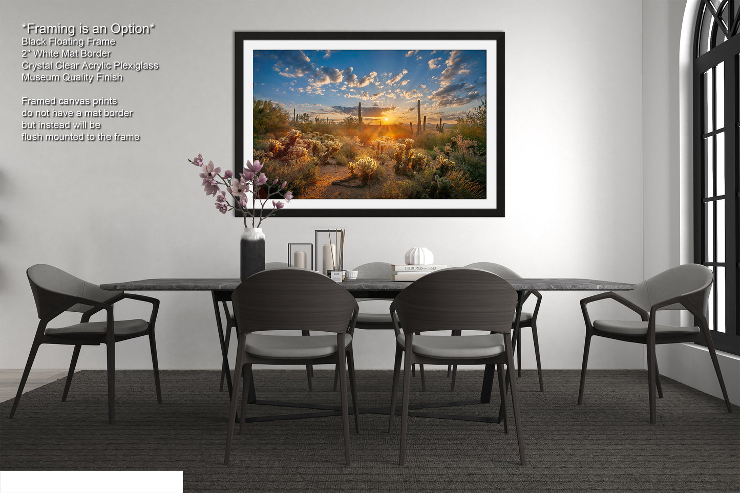 Sonoran Desert Sunrise, Carefree Arizona, backlit saguaro cactus and cholla cactus, Photography wall art