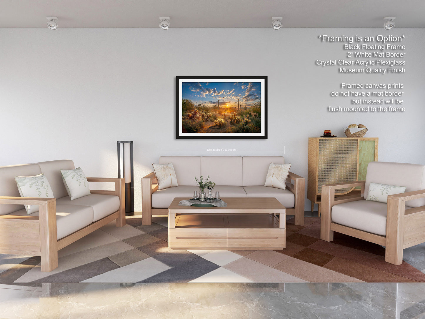 Sonoran Desert Sunrise, Carefree Arizona, backlit saguaro cactus and cholla cactus, Photography wall art